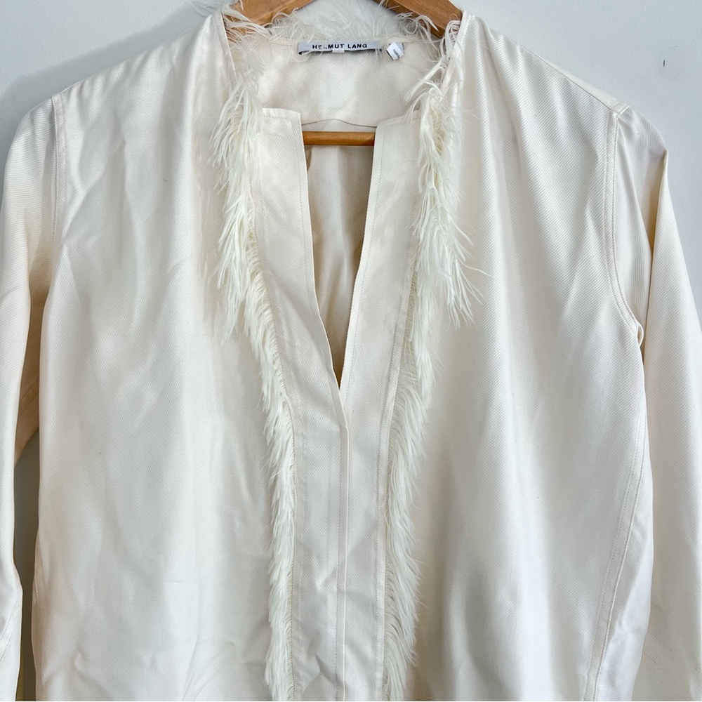 HELMUT LANG Twill Silk Feather Trim Ecru / White Fringe Long Sleeve Blouse Sz XS - Picture 3 of 16